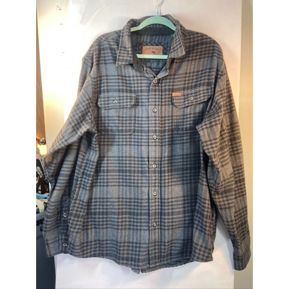 ORVIS MENS XXL GRAY PLAID HEAVY FLANNEL SHACKET BOTTON DOWN SHIRT